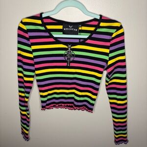Killstar Nikiko Rainbow Striped Long Sleeve Crop Top size M